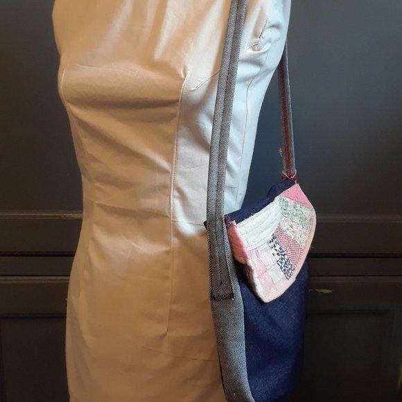Handmade Shoulder Bag Purse Vintage Quilt Dark Denim - Picture 5 of 12